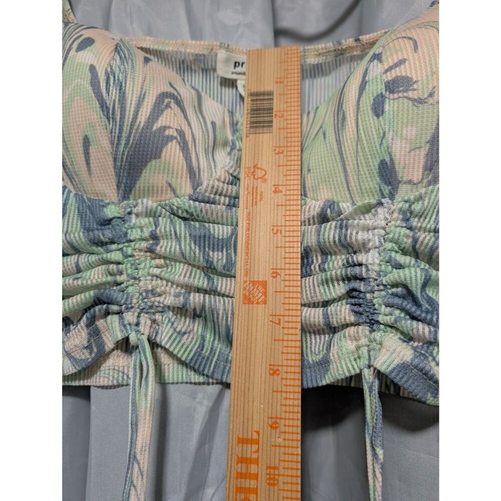 Privy Women's Size M Green Blue Swirl Marble Print Long Sleeve Ruched Crop Top - Picture 10 of 10
